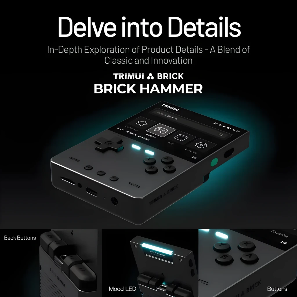 Consola portátil Trimui Brick Pro 1GB/64GB blanco con pantalla, cruceta, botones A B X Y, joysticks, LED ambiental, puertos laterales y botones traseros