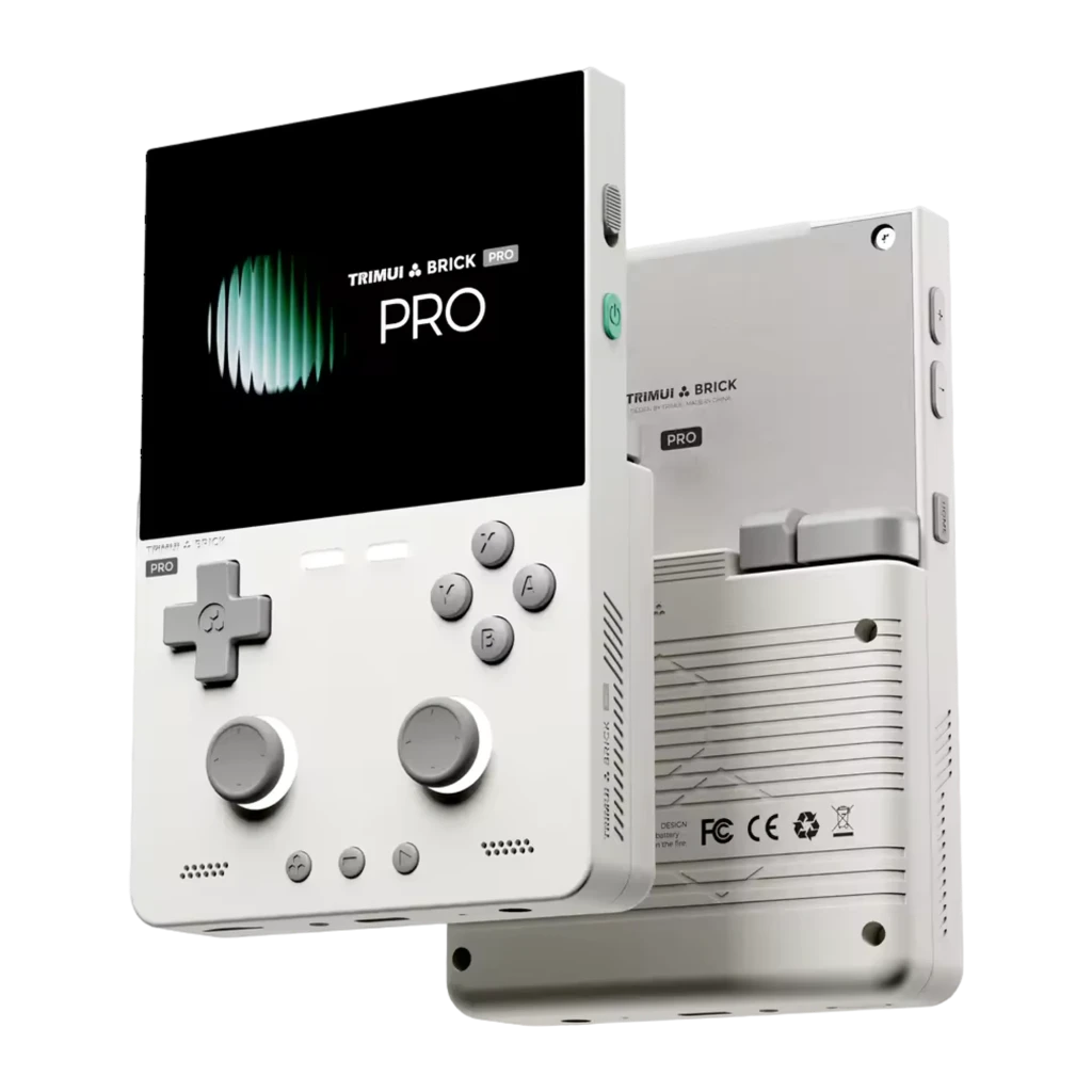 Console portable Trimui Brick Pro blanche, écran large, boutons A B et croix, deux joysticks, 1 Go RAM 64 Go stockage, haut-parleurs latéraux, design rétro