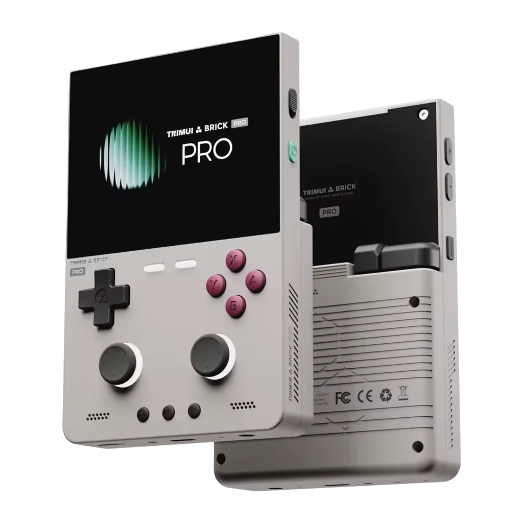 Console portable Trimui Brick Pro 1 Go/64 Go Retro grise avec écran noir, croix directionnelle, deux sticks, quatre boutons framboise et haut-parleurs