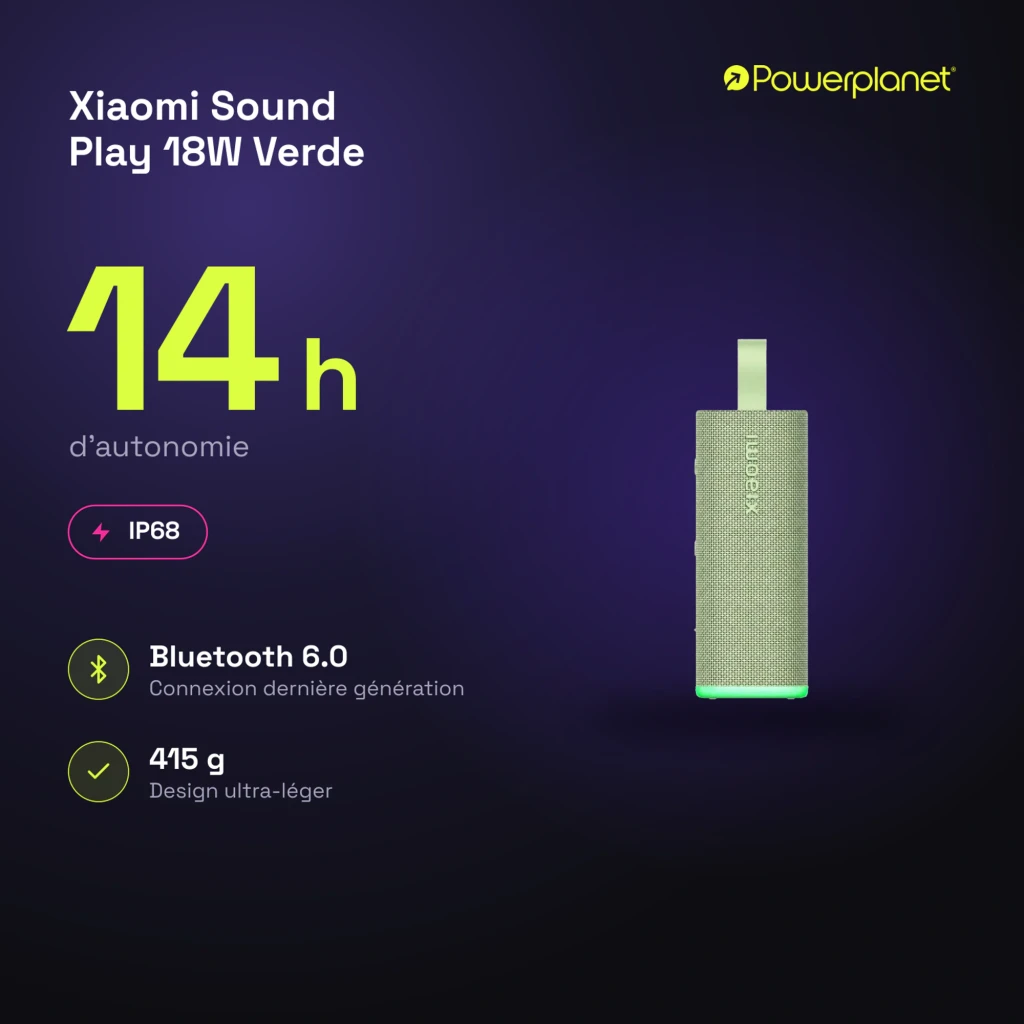 Altavoz Bluetooth Xiaomi Sound Play verde con correa, cuerpo texturizado y base luminosa; compacto, 18W, 14 h de autonomía, certificación IP68, 415 g