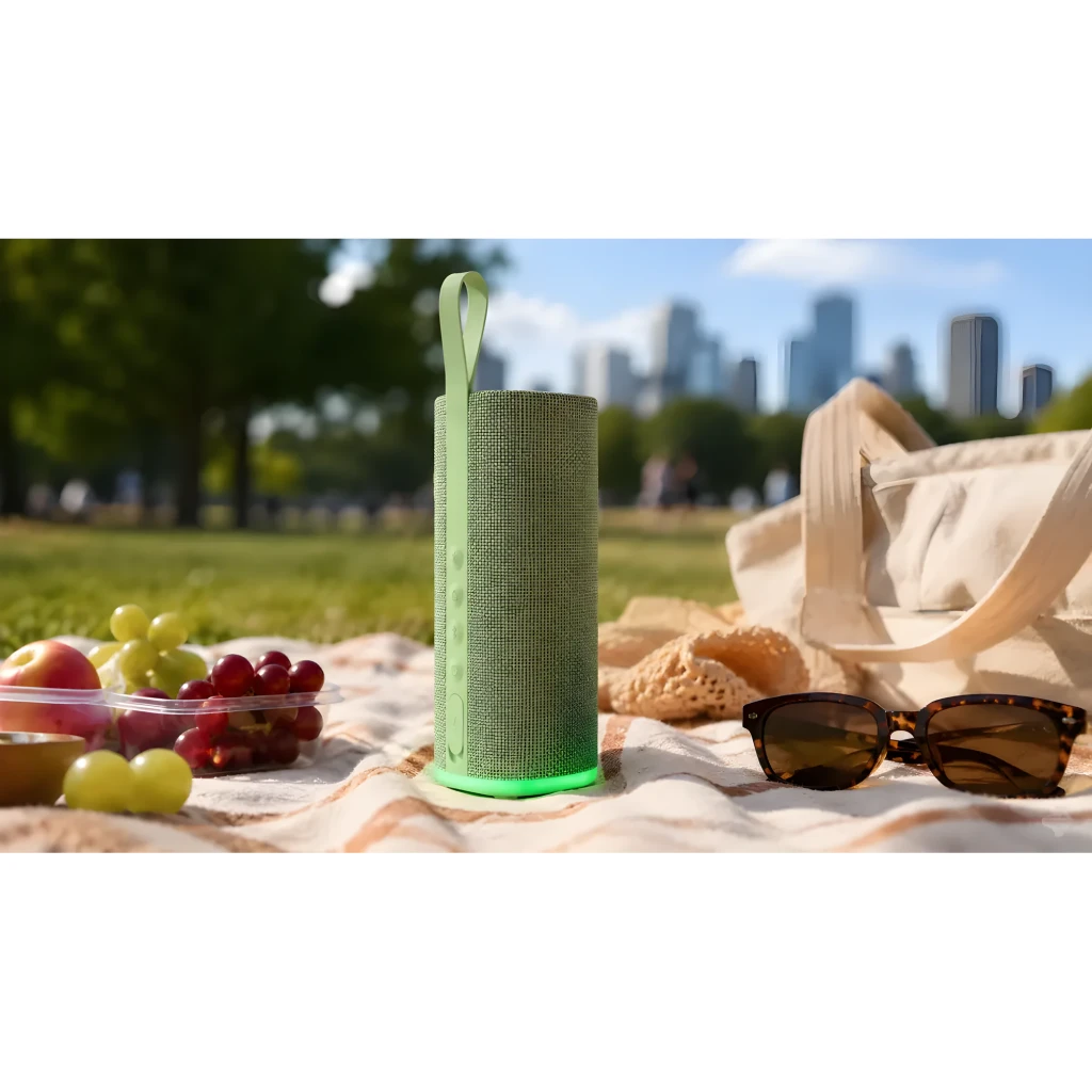 Altavoz Bluetooth verde cilíndrico con tejido, correa de mano y base luminosa; resistente IP68, compacto para exteriores, botones laterales y puerto protegido