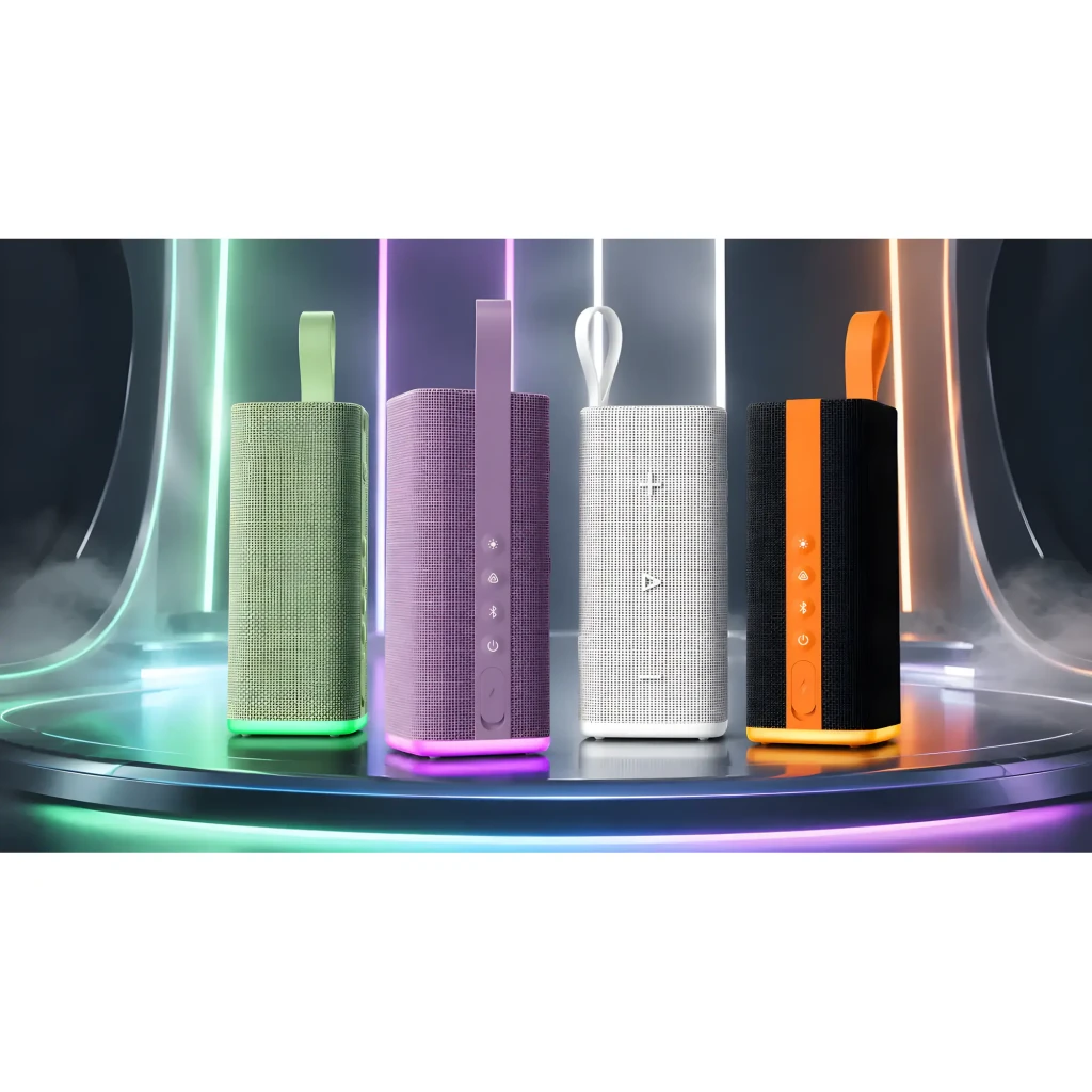 Altavoz Bluetooth Xiaomi Sound Play verde con rejilla textil, correa superior y base iluminada; diseño rectangular vertical con controles laterales y frontales