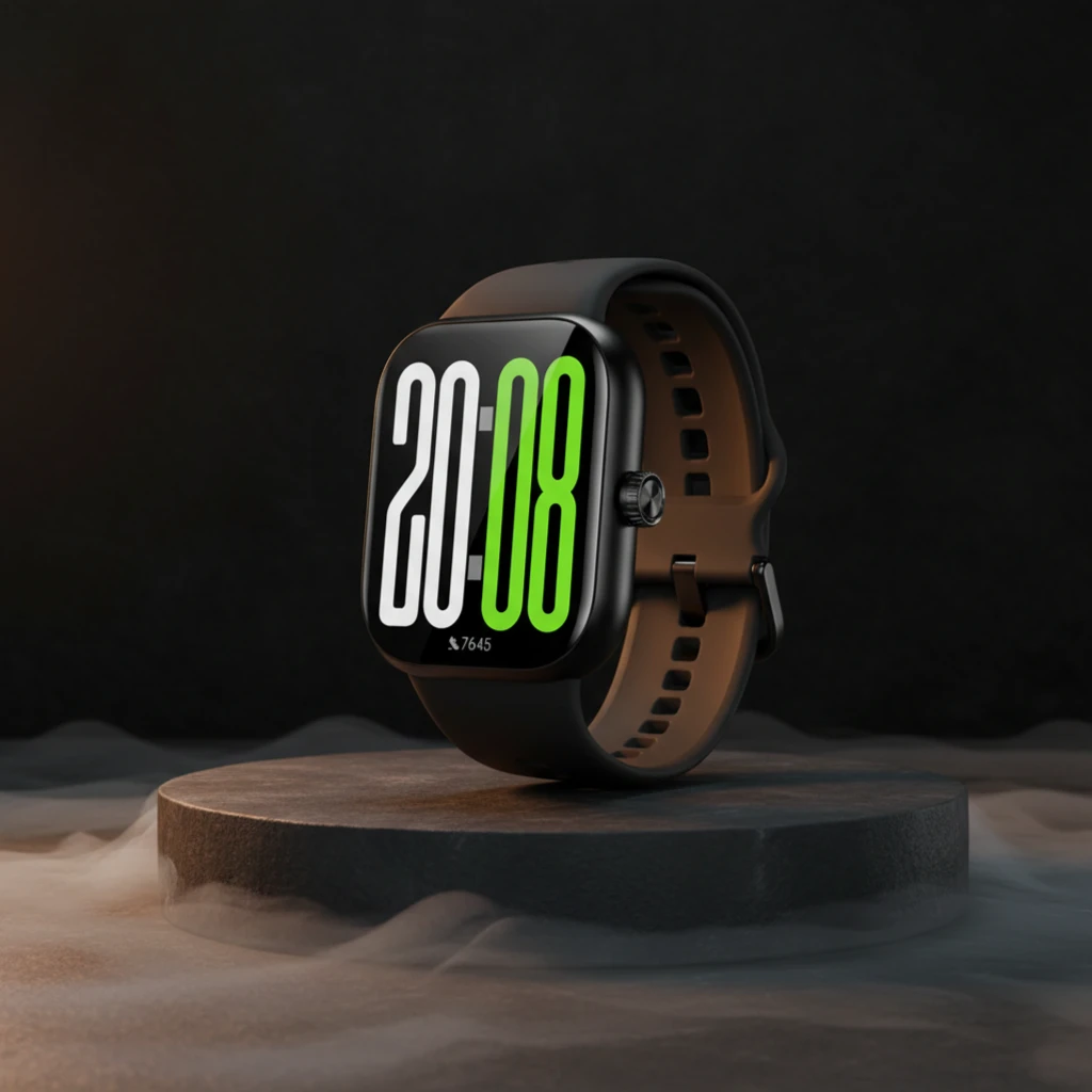 Honor Choice Watch 2 Pro Negro con pantalla rectangular brillante, correa de silicona negra y esfera digital grande con números verdes y blancos