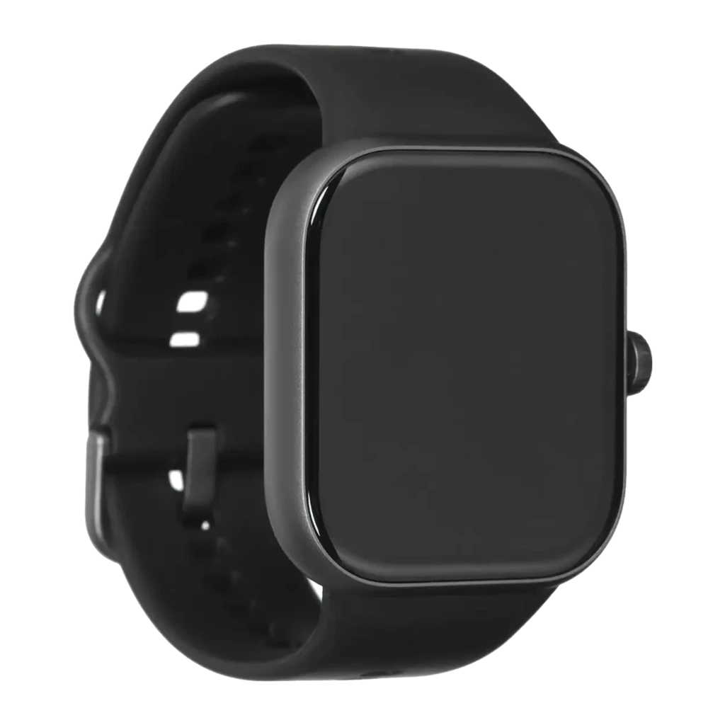 Reloj inteligente negro con pantalla rectangular sin biseles, correa de silicona ajustable y botón lateral; diseño minimalista del Honor Choice Watch 2 Pro
