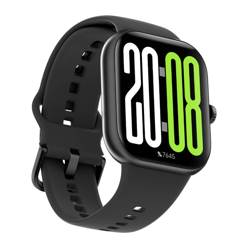 Reloj inteligente negro con pantalla cuadrada grande, correa de silicona ajustable y esfera digital 20:08 en verde y blanco; diseño moderno y deportivo