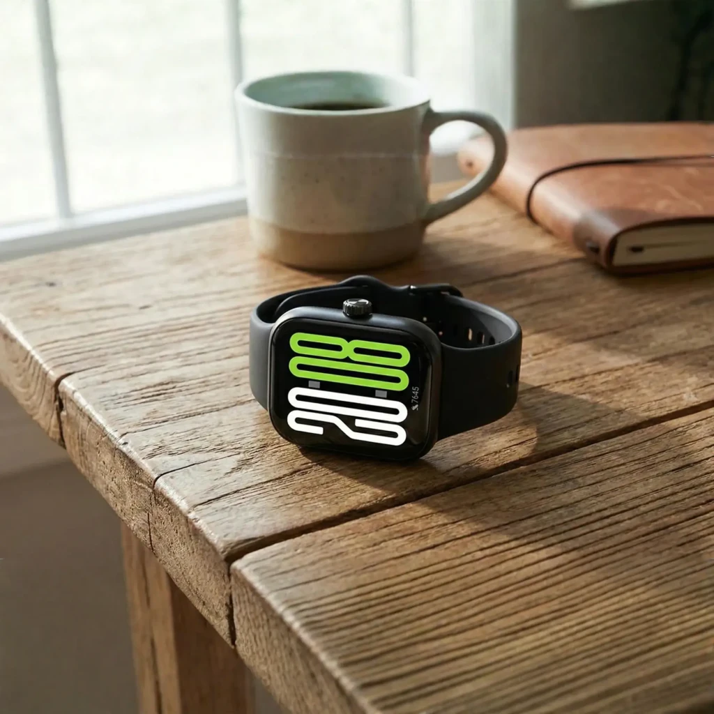 Honor Choice Watch 2 Pro negro con pantalla rectangular táctil, correa de silicona y bisel metálico; números grandes en verde y blanco, estilo deportivo