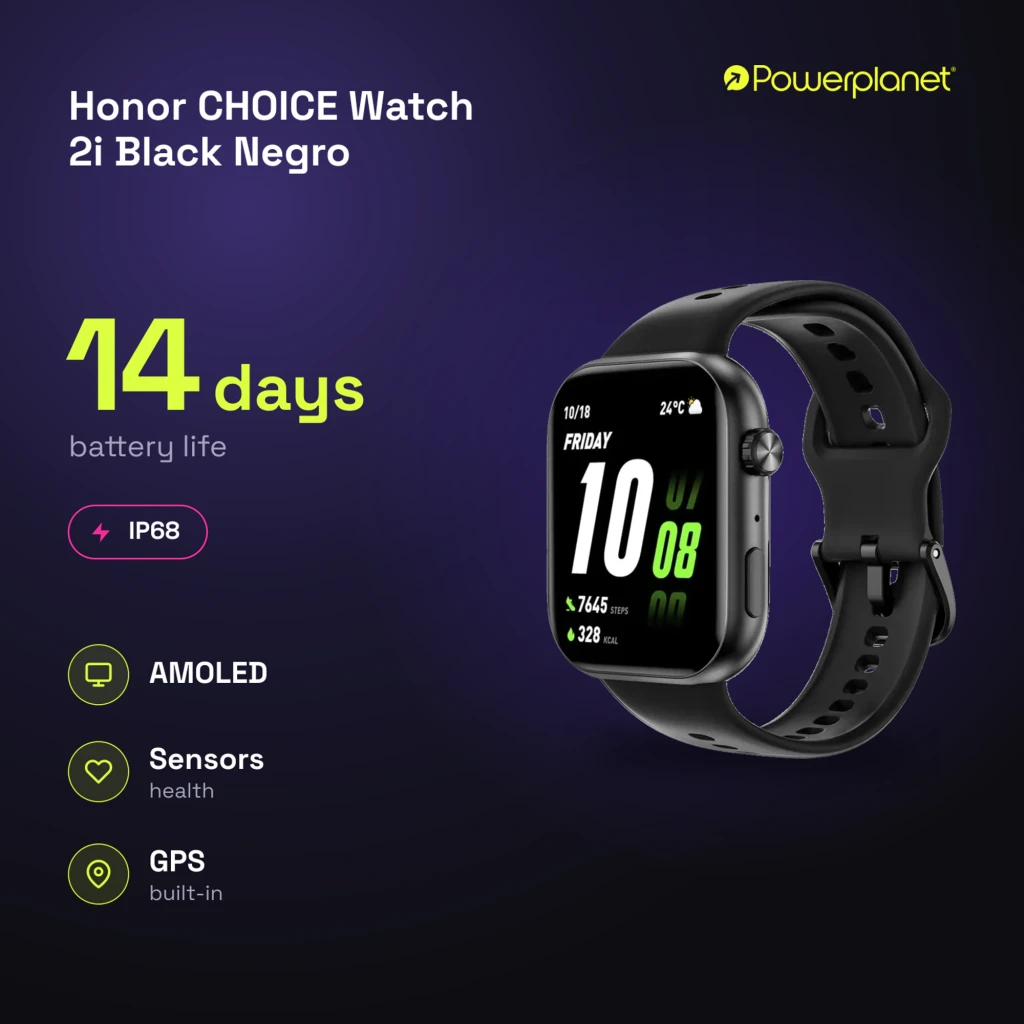 Honor Choice Watch 2i Negro con pantalla AMOLED curvada, correa de silicona, botones laterales, esfera digital verde y negra, resistente IP68, estilo deportivo