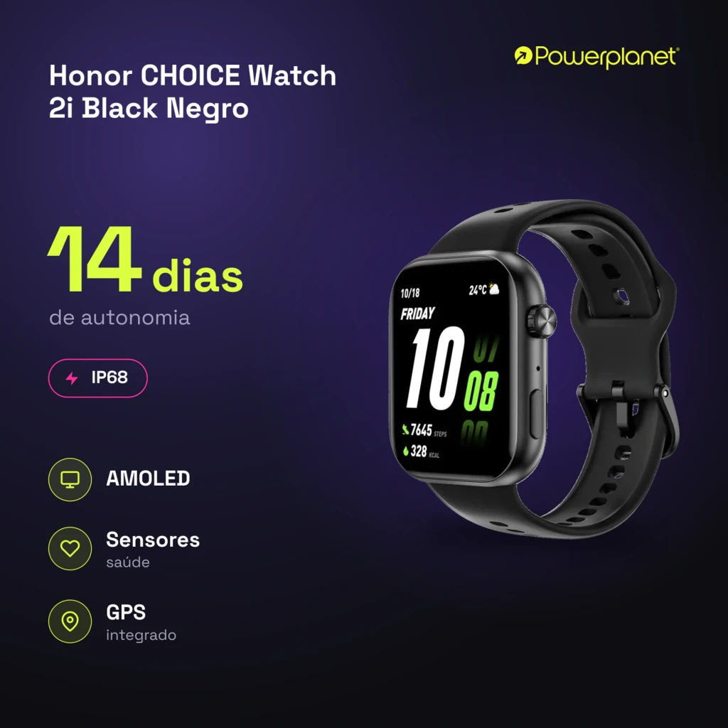 Honor Choice Watch 2i Negro con pantalla AMOLED, correa de silicona negra, marco curvo, GPS integrado, resistencia IP68 y esfera digital con datos de salud