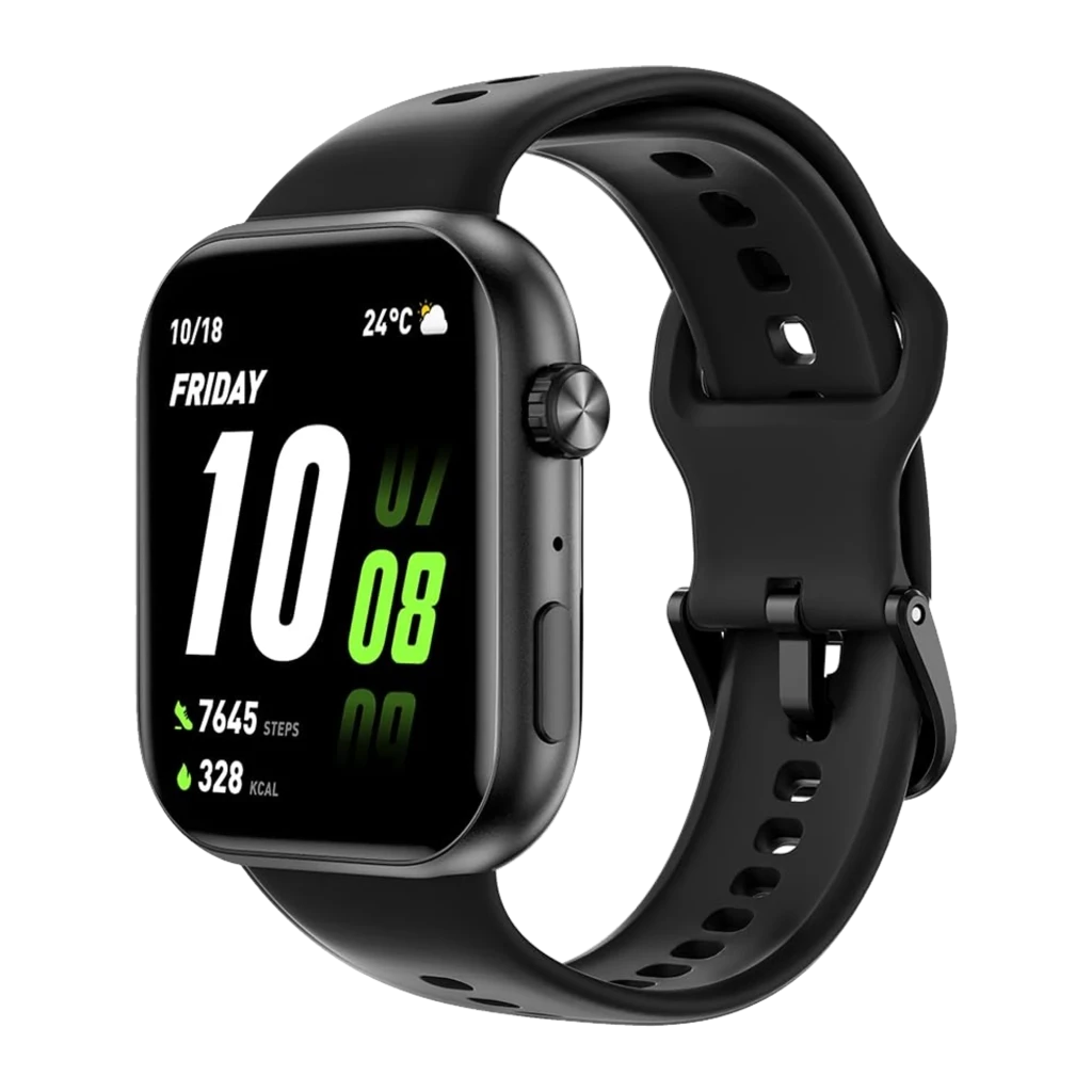 Honor Choice Watch 2i Negro con pantalla rectangular, correa de silicona, botón lateral y hebilla; muestra hora, clima, pasos, calorías y batería en verde y