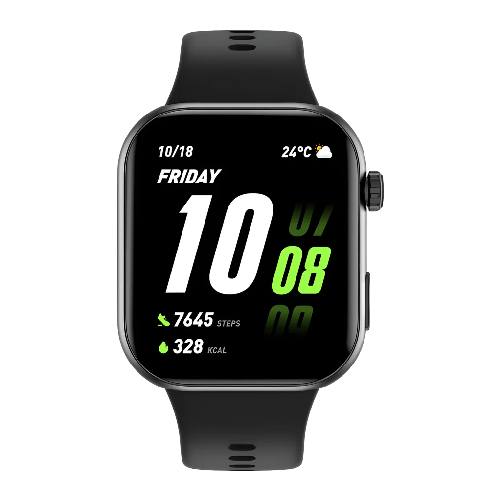 Honor Choice Watch 2i Negro con pantalla rectangular a color, correa de silicona negra, botón lateral y métricas visibles de pasos, calorías y hora grande