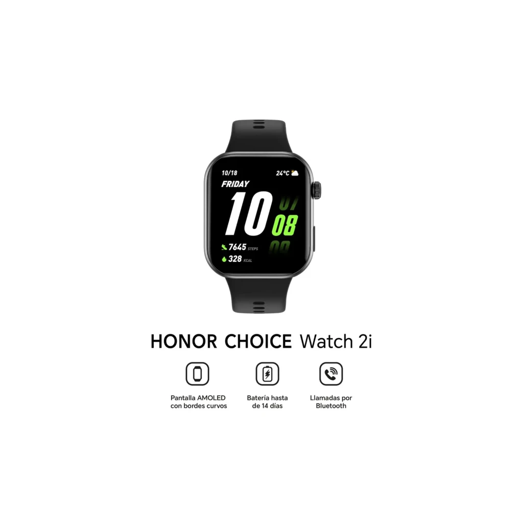Honor Choice Watch 2i negro con pantalla AMOLED curva, correas de silicona y botones laterales; llamadas por Bluetooth, monitoreo de frecuencia cardíaca y SpO2