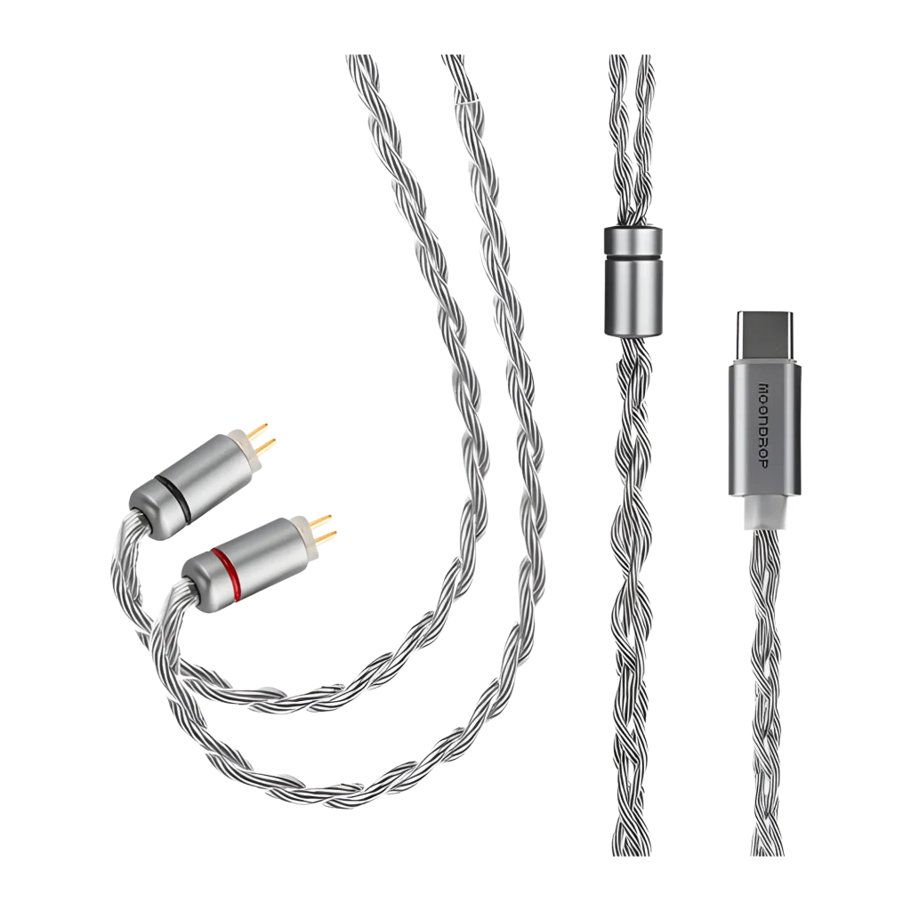 Cable trenzado plateado Moondrop con conector USB-C y salidas balanceadas duales MMCX con anillos rojo y negro, carcasa metálica y acabado premium
