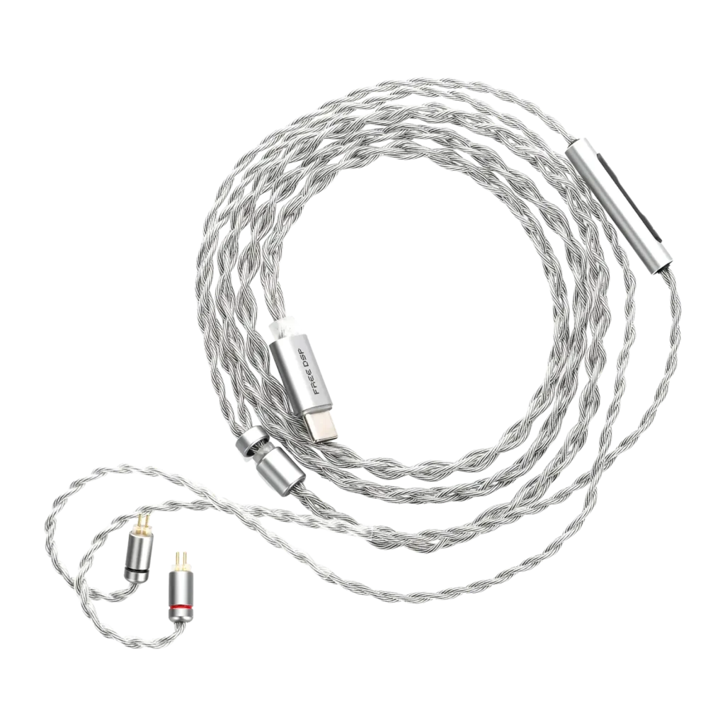 Cable Moondrop Free DSP: cable plateado trenzado con conector USB-C, módulo cilíndrico DAC/AMP, conector MMCX rojo y blanco para salida balanceada