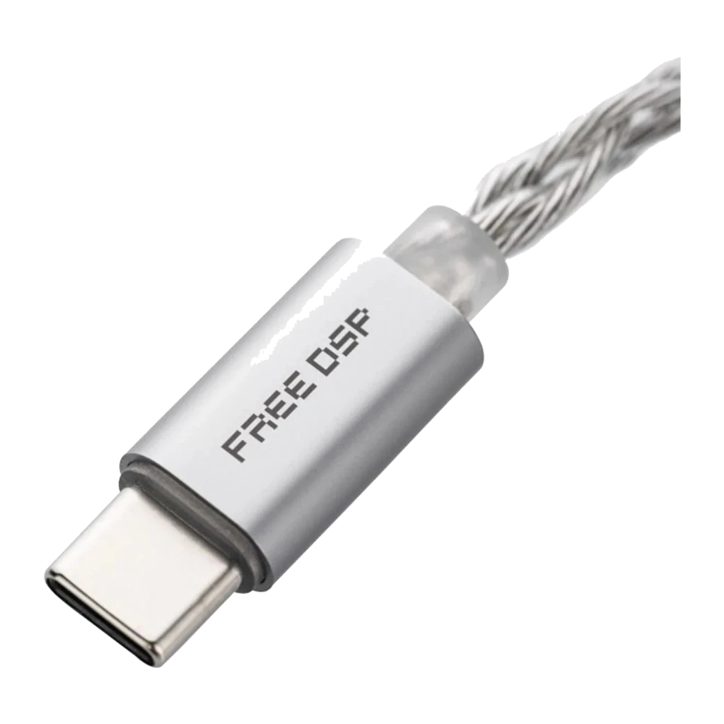 Cable Moondrop Free DSP con conector USB-C metálico plateado y trenzado plateado, diseño robusto y elegante para salida balanceada DAC AMP DSP