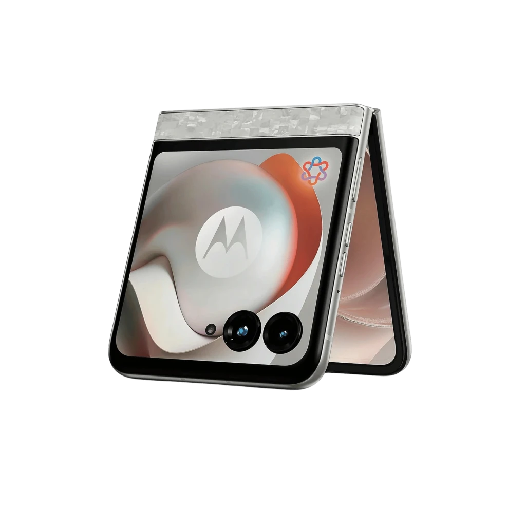 Motorola Razr 70 5G Bright White plegable tipo concha, pantalla externa grande, dos cámaras frontales, bisagra plateada texturizada, diseño compacto elegante