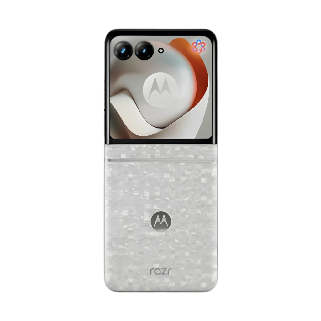 Motorola Razr 70 5G 256 GB Bright White con acabado texturizado, diseño plegable, pantalla externa amplia y módulo de triple cámara; logo Motorola visible