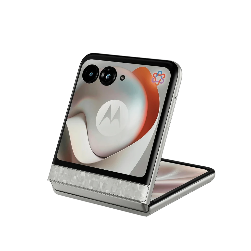 Motorola Razr 70 5G plegable en color Bright White, acabado nacarado con bisagra texturizada, doble cámara frontal y pantalla externa cuadrada brillante