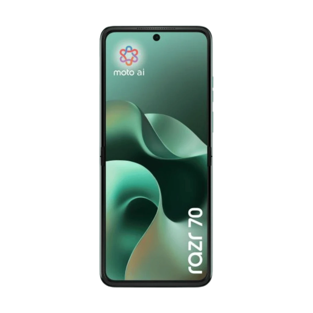 Motorola Razr 70 5G 256 GB Sporting Green con pantalla frontal completa, biseles delgados, cámara perforada centrada y logo moto ai; texto razr 70 vertical