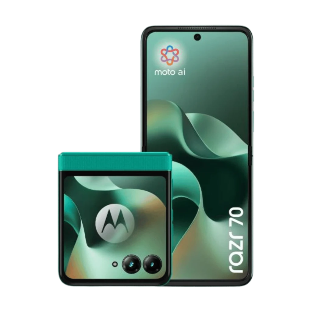 Motorola Razr 70 5G en Sporting Green, teléfono plegable con pantalla externa cuadrada, doble cámara trasera y pantalla interna con orificio central