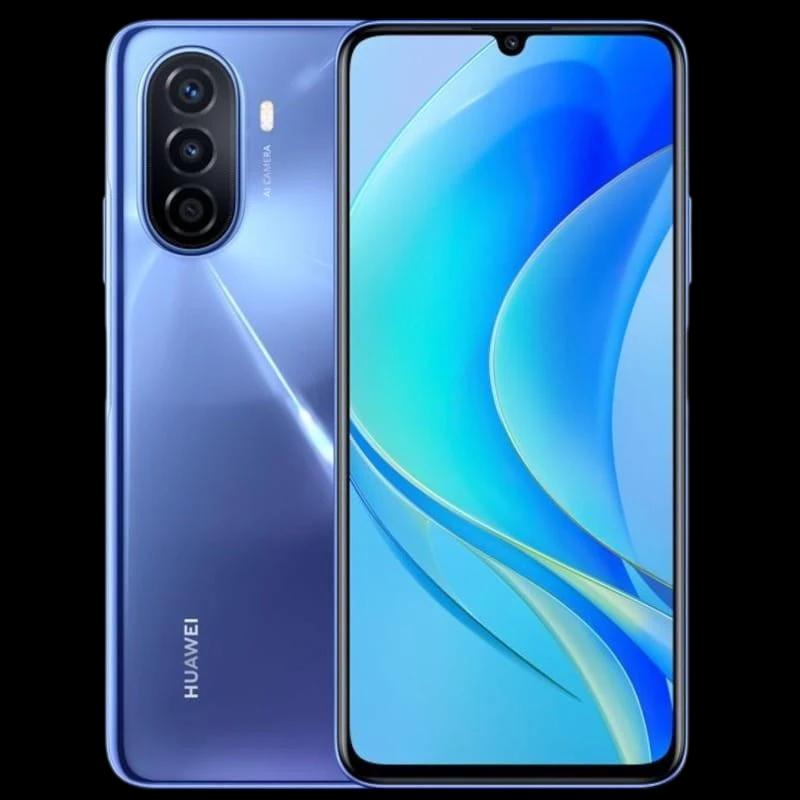 Huawei Nova Y70 azul con pantalla amplia de bordes finos, notch en gota y triple cámara trasera vertical con flash; acabado brillante y 4GB RAM 128GB