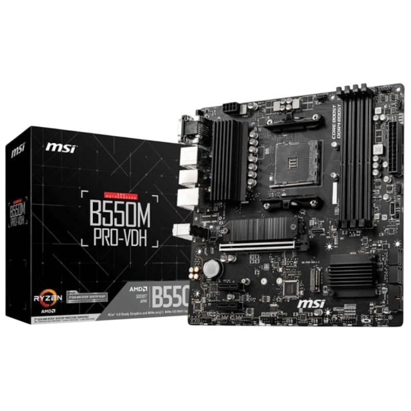 MSI B550M PRO-VDH micro ATX placa-mãe preta com dissipadores, 4 slots DDR4, PCIe, M.2, portas USB e HDMI; embalagem ao fundo sem selo