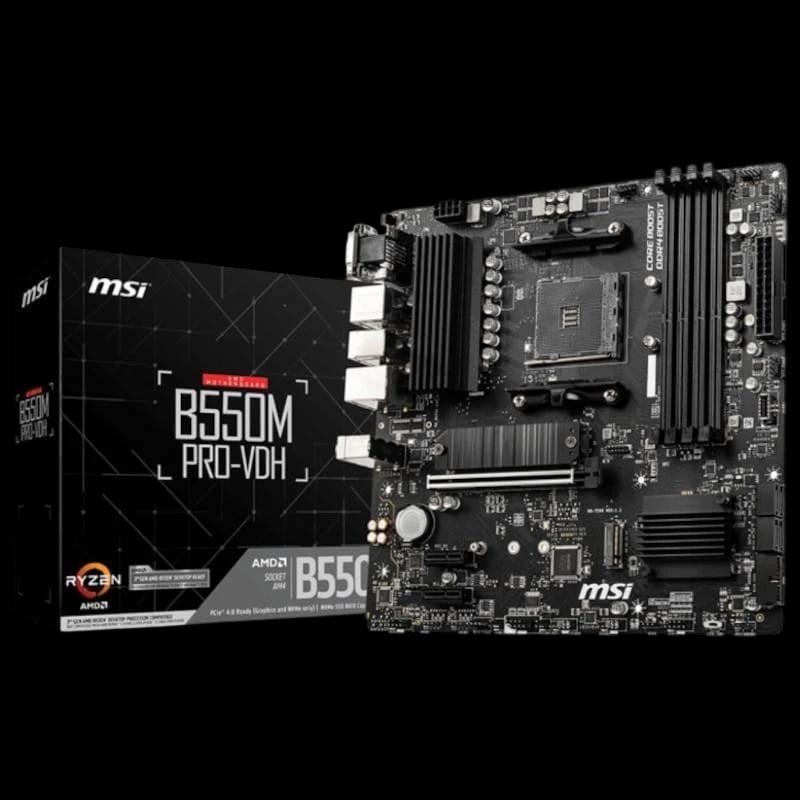 MSI B550M PRO-VDH micro ATX placa-mãe preta com dissipadores, 4 slots DDR4, PCIe, M.2, portas USB e HDMI; embalagem ao fundo sem selo