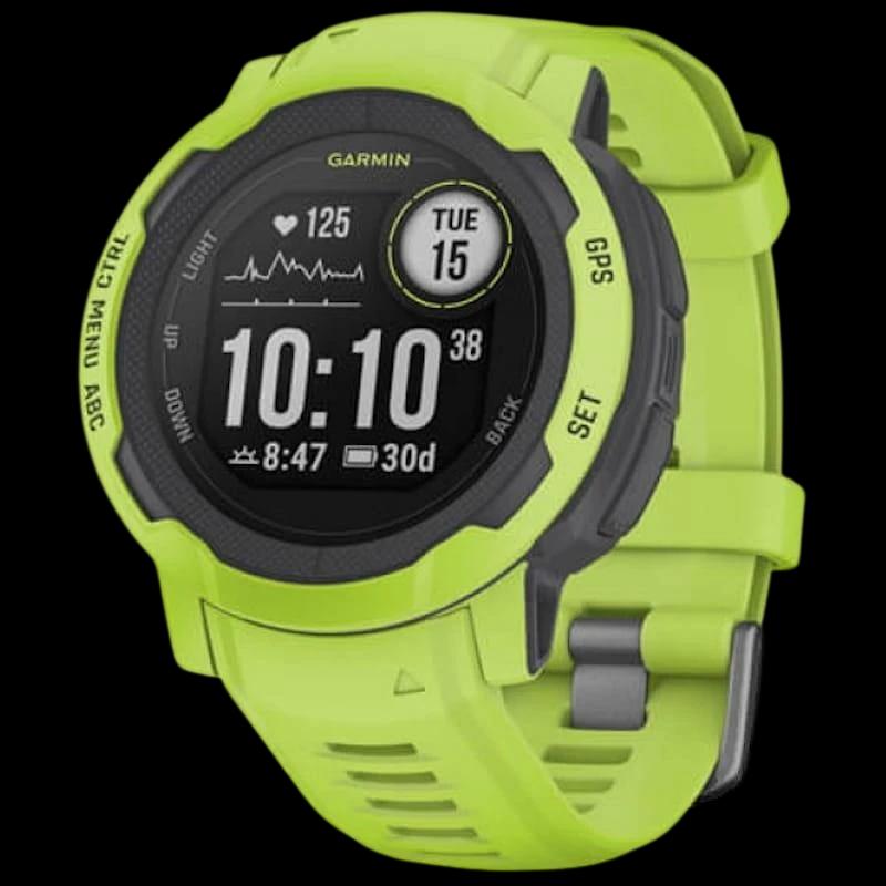 Garmin Instinct 2 verde lima GPS, caja 45 mm, correa de silicona, pantalla circular con métricas de salud y fecha, botones laterales y bisel robusto
