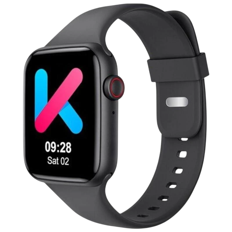 Kumi KU2 Pro Preto smartwatch desembalado, caixa preta com tela colorida retangular, botão lateral vermelho, pulseira de silicone ajustável e design moderno
