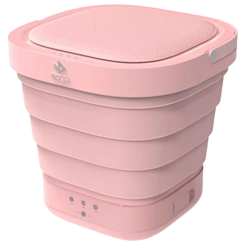 Mini Lavadora portátil Moyu XPB08-F1 Rosa Desprecintado plegable de silicona, diseño compacto tipo cubo con tapa texturizada y panel con botones frontales