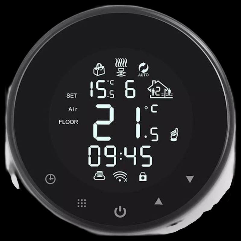Termostato Inteligente Girier Caldera Eléctrica 16A Tuya Smart Desprecintado con pantalla LED circular, iconos de modos, control táctil y hora visible