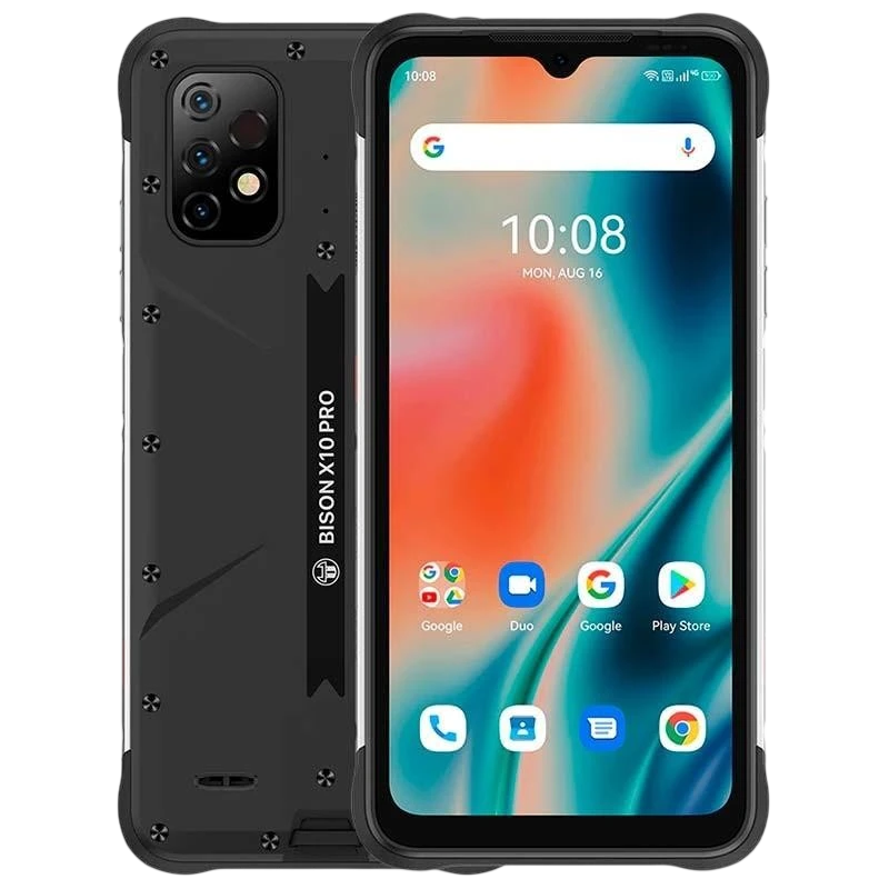 Umidigi Bison X10 Pro negro reacondicionado Clase B con cuerpo robusto, cuatro cámaras traseras, pantalla con notch en V y botones laterales rugerizados