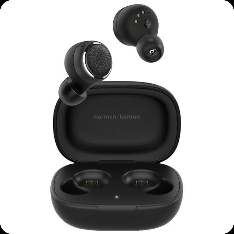 Harman Kardon FLY TWS Écouteurs Bluetooth déscellés avec boîtier de charge noir mat, embouts intra-auriculaires, grilles métalliques et contacts dorés