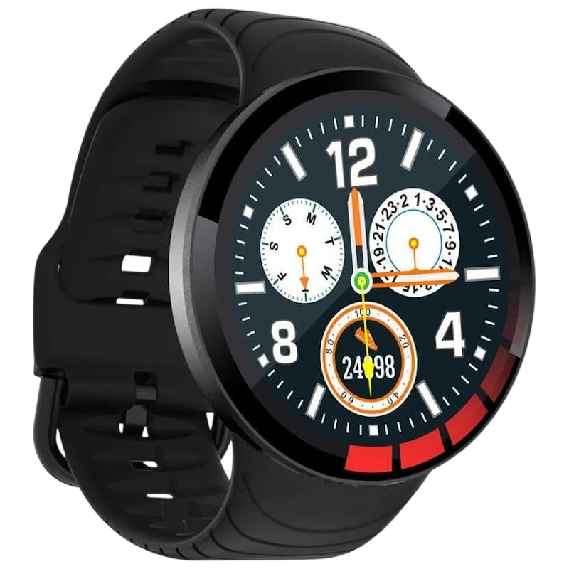 Kumi GT2 Smartwatch desprecintado com caixa preta e pulseira de silicone, mostrador redondo colorido com múltiplos dials e números grandes para fácil leitura