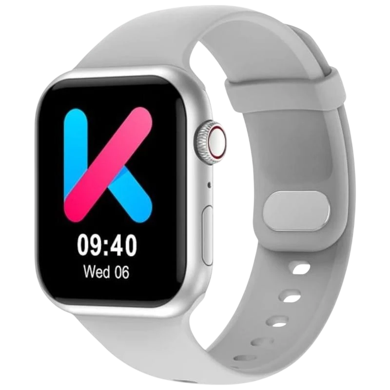 Kumi KU3 Meta Plata smartwatch prateado com caixa metálica, coroa lateral vermelha e pulseira de silicone cinza; tela retangular com mostrador digital
