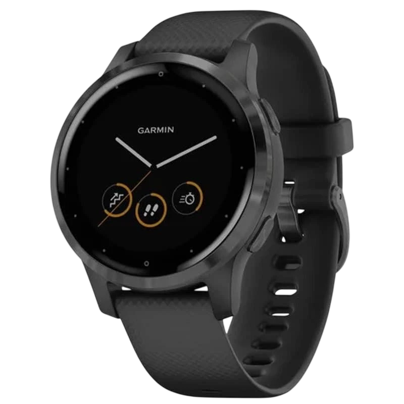 Relógio Garmin Vivoactive 4s 40 mm preto com pulseira preta, caixa arredondada, tela touch circular e botões laterais, design esportivo e elegante