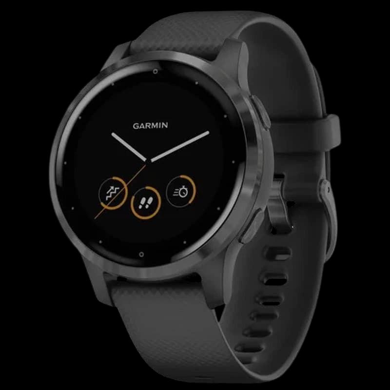 Relógio Garmin Vivoactive 4s 40 mm preto com pulseira preta, caixa arredondada, tela touch circular e botões laterais, design esportivo e elegante