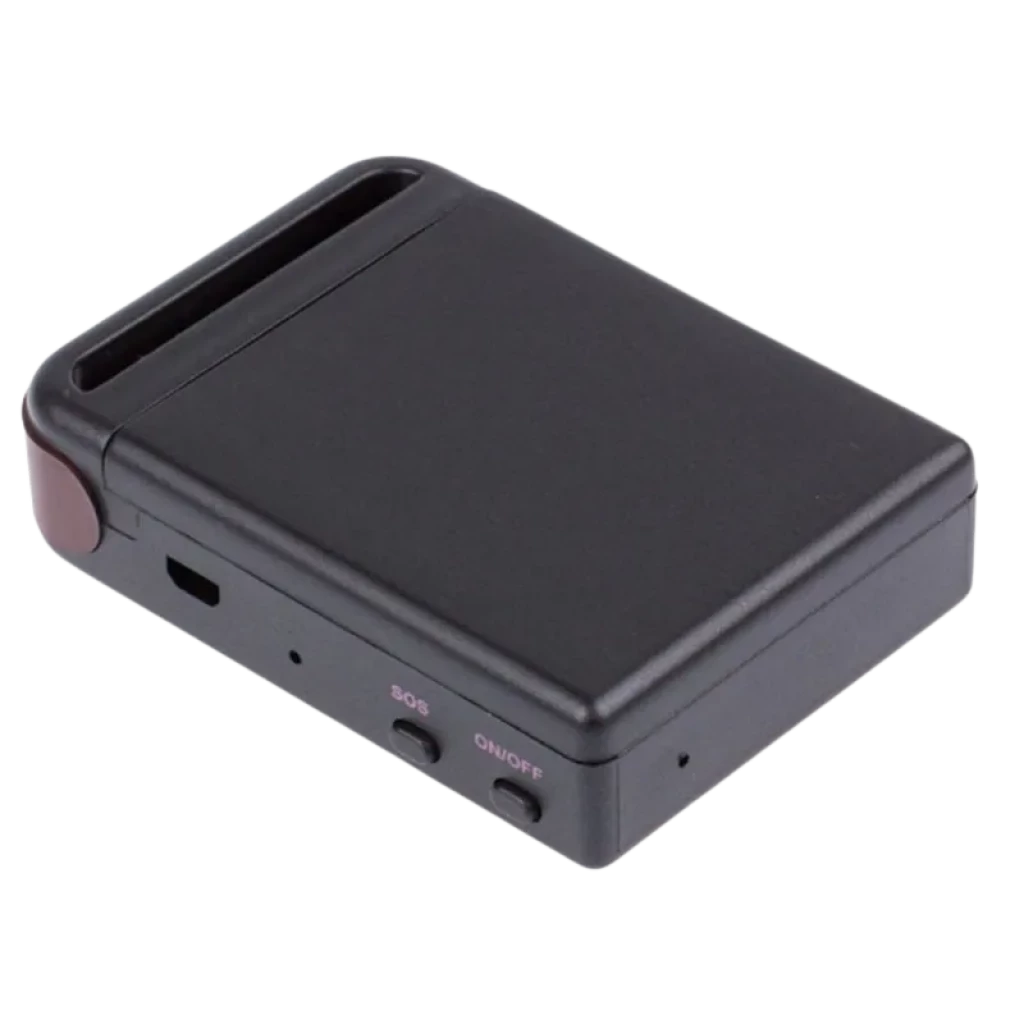Rastreador GPS GSM compacto em caixa preta, formato retangular com cantos arredondados, botões SOS e ON/OFF laterais e porta micro USB para carregamento