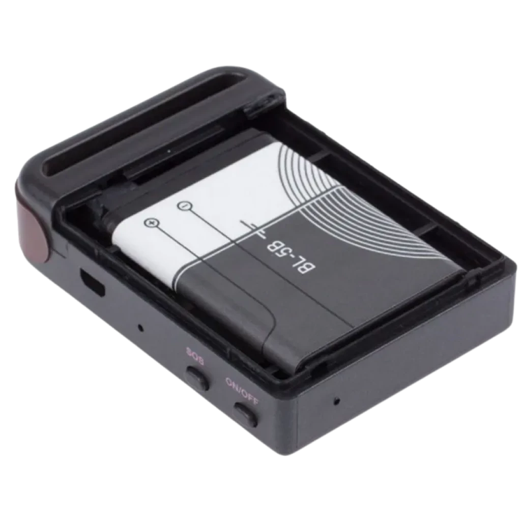 GPS Tracker/GSM compacto em caixa preta, com bateria BL-5B removível exposta, botões SOS e ON/OFF laterais e porta para carregamento/slot SIM.