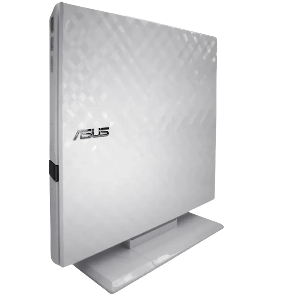 Asus SDRW-08D2S-U Blanco, unidad óptica externa delgada con acabado texturizado en rombos, diseño vertical con base estable y logotipo ASUS lateral