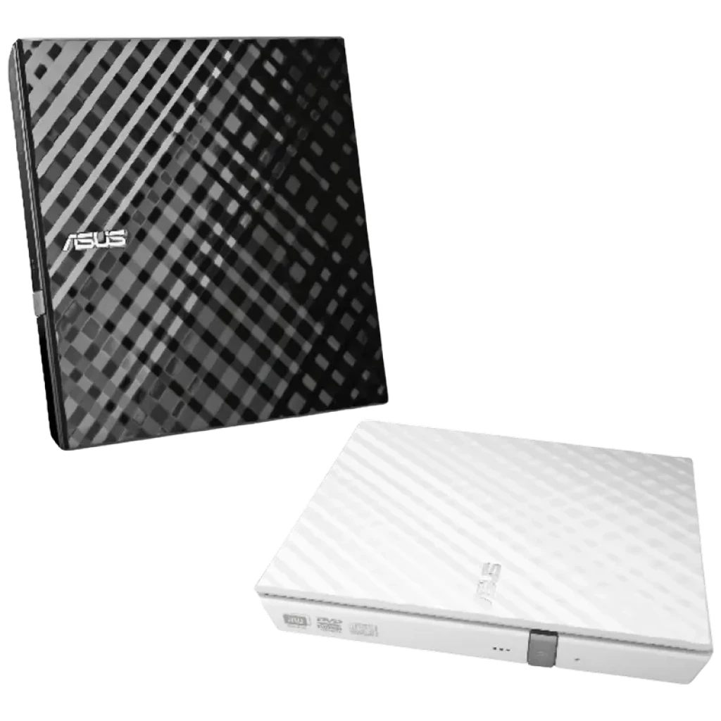 Asus SDRW-08D2S-U Blanco, unidad óptica externa delgada con acabado texturizado diamantado, frontal blanco con botón de expulsión y puertos laterales