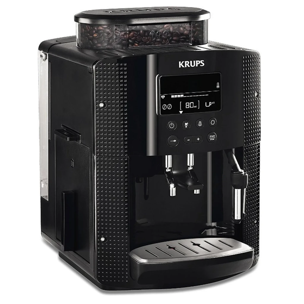 Krups Milano EA8150 Noir machine à café super automatique, façade noire brillante, écran LCD, double bec verseur, buse vapeur, bac à grains visible en haut