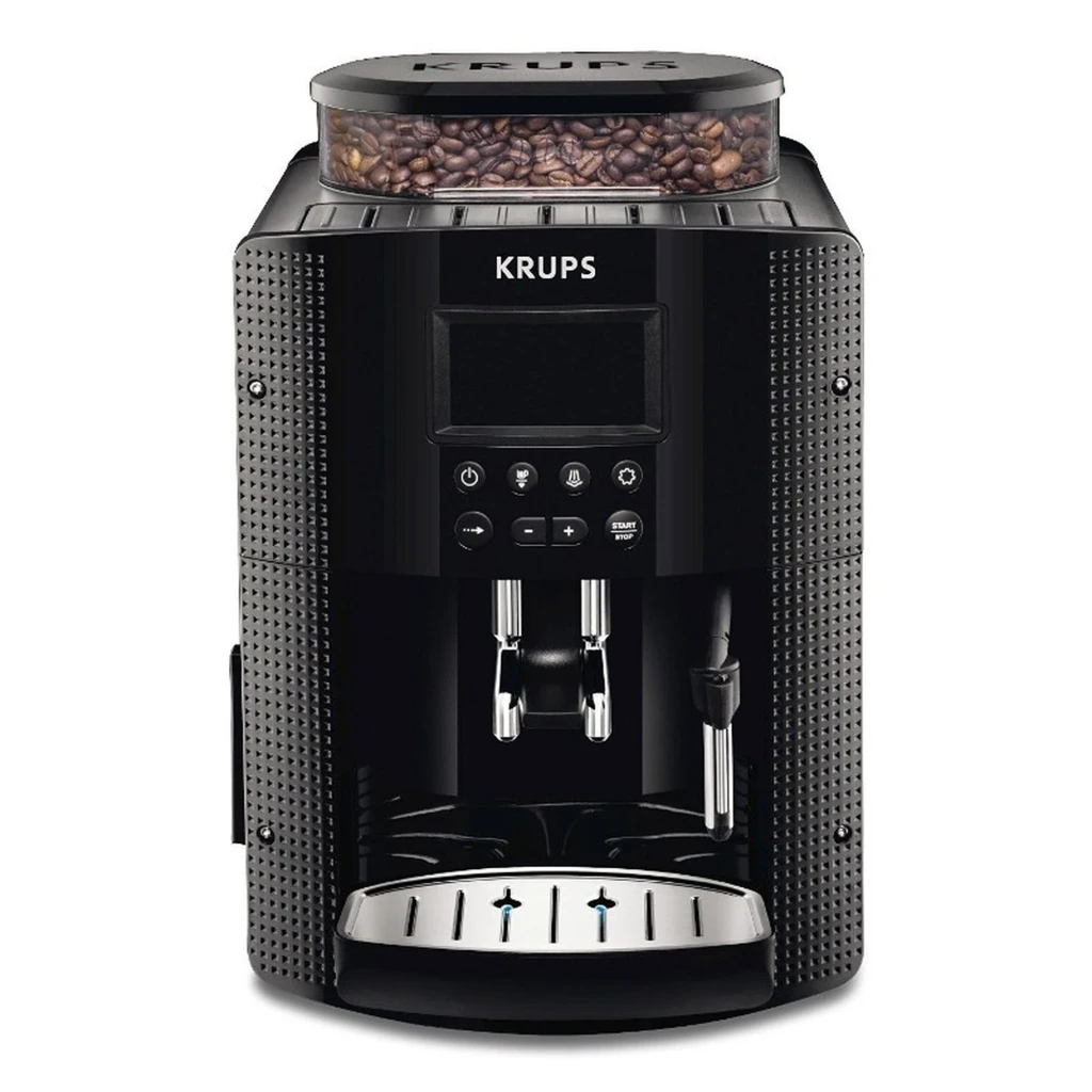 Krups Milano EA8150 Negra cafetera superautomática con molinillo superior visible, panel frontal con botones, doble surtidor y vaporizador lateral en acero