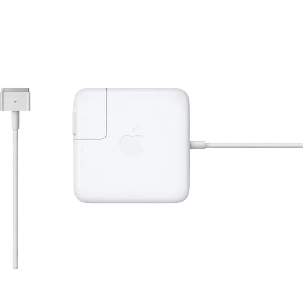 Adaptateur secteur Apple MagSafe 2 60 W blanc, brique carrée avec logo Apple, connecteur magnétique en L fin et câble intégré pour MacBook 13 pouces