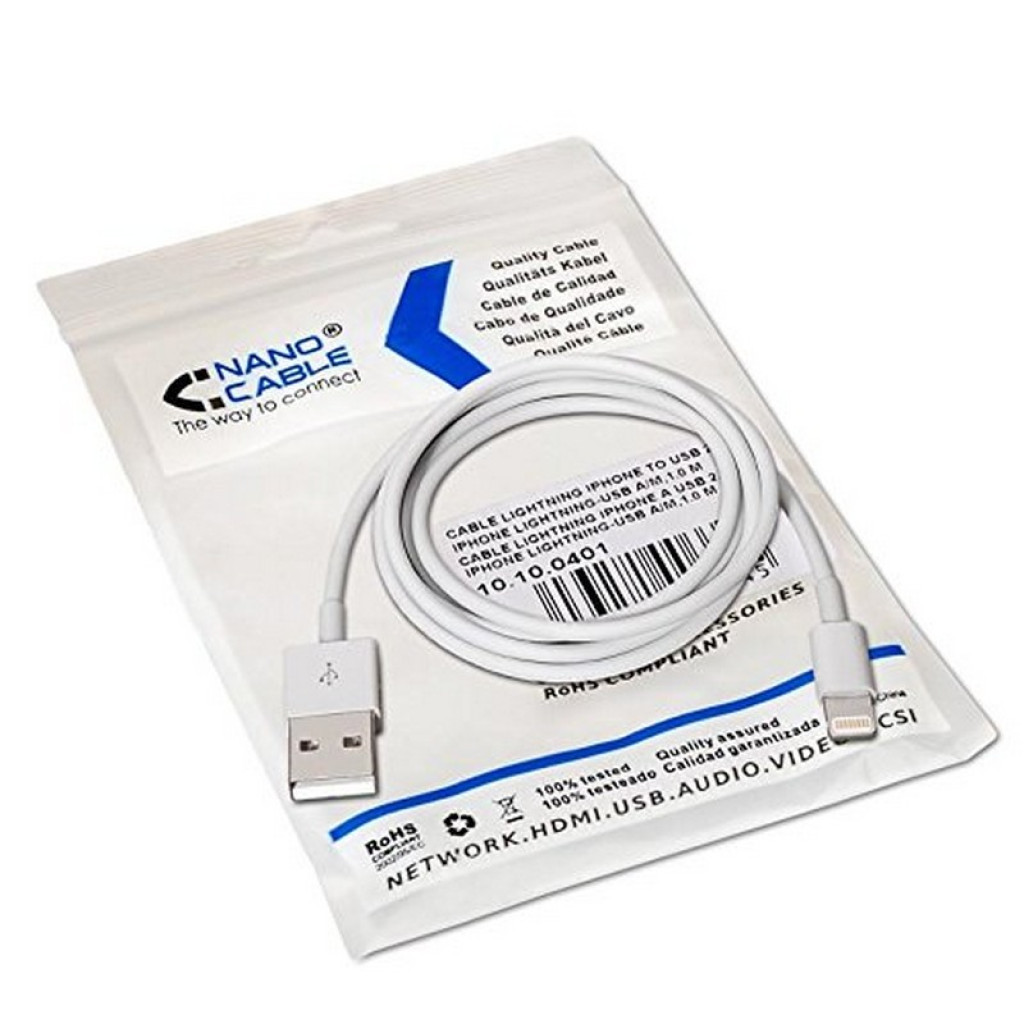 Nanocable Lighting Iphone a USB - Color Blanco: cable enrollado sobre su bolsa de empaquetado