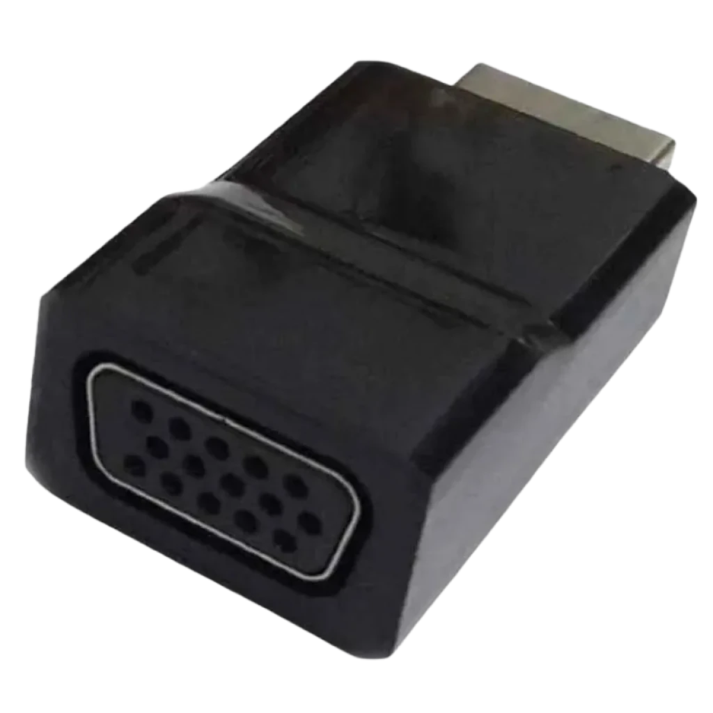Adaptador Gembird HDMI a VGA negro, compacto, con conector HDMI macho y puerto VGA hembra con rejilla de 15 pines, carcasa robusta y diseño portátil.