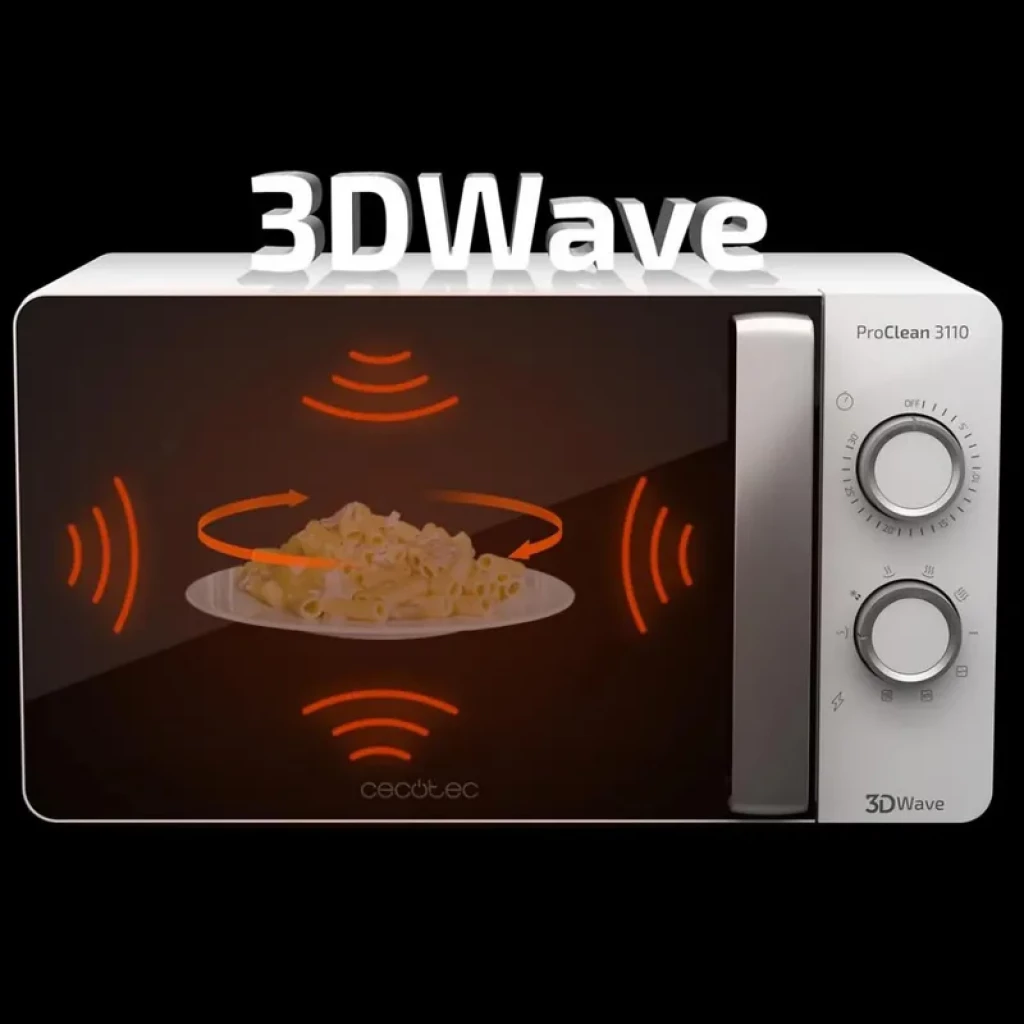 Micro-ondas Cecotec ProClean 3110 branco com porta espelhada, painel com dois botões rotativos e tecnologia 3DWave ilustrada no vidro frontal