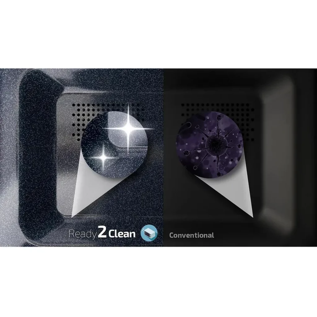 Interior do micro-ondas com revestimento Ready2Clean: superfície antiaderente brilhante e fácil de limpar, contraste com interior convencional escurecido