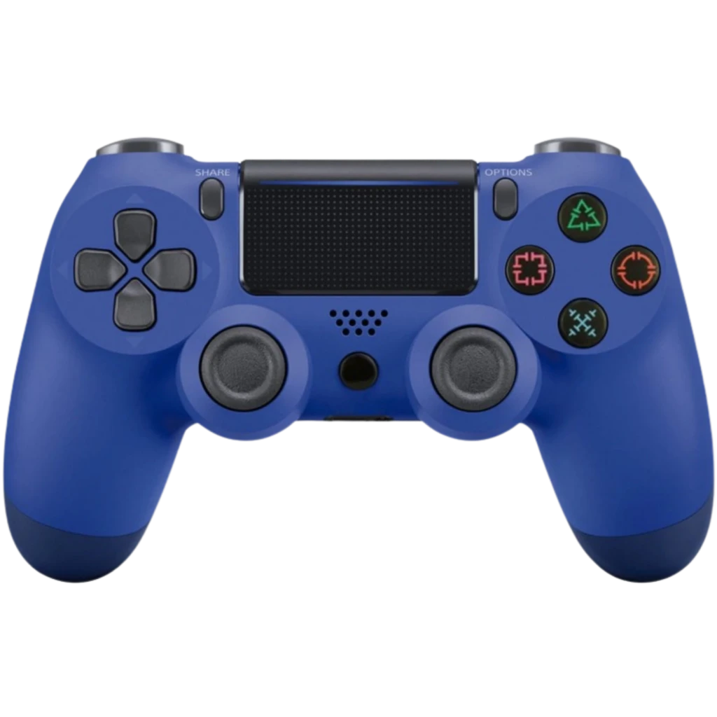 Mando PS4 azul con panel táctil central, sticks analógicos dobles, cruceta izquierda y botones frontales con iconos clásicos en colores vibrantes
