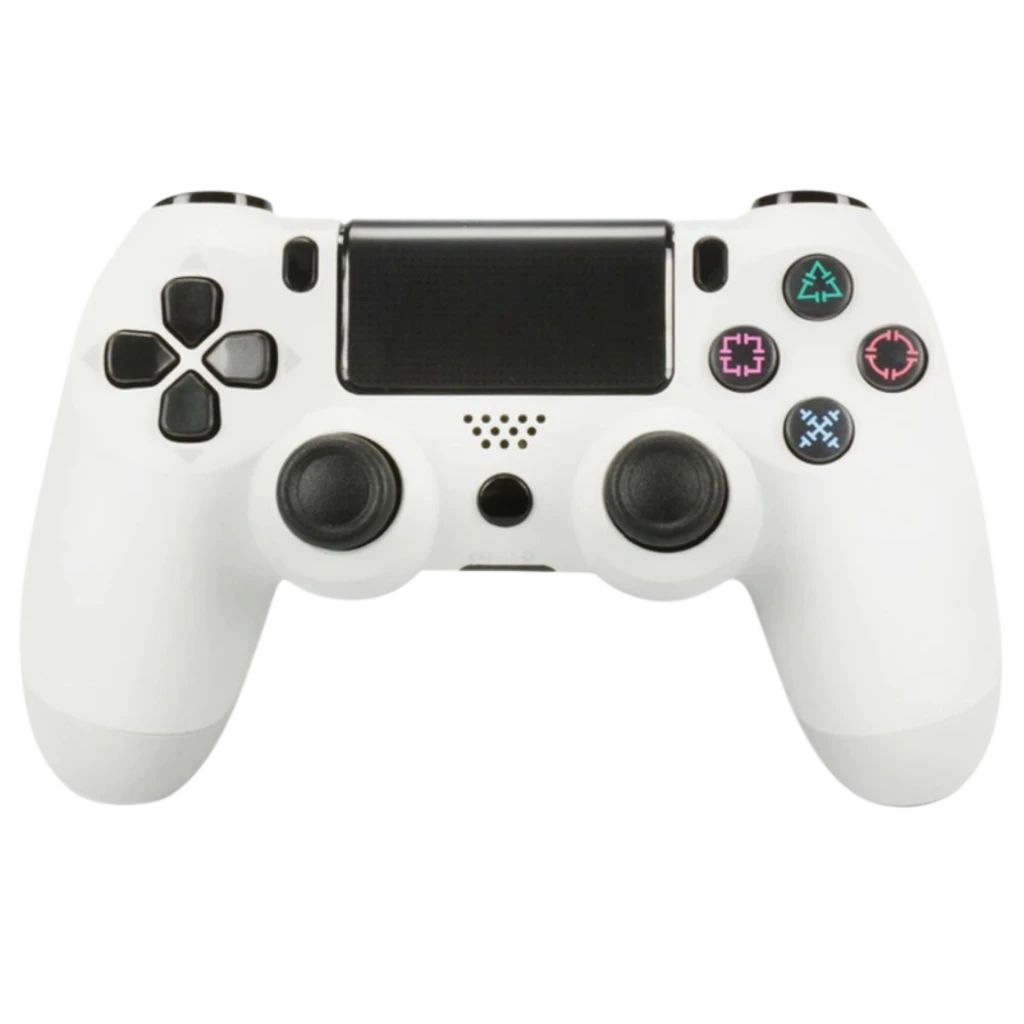 Mando PS4 blanco con touchpad central, sticks analógicos dobles, cruceta negra, gatillos superiores y botones frontales con iconos de colores