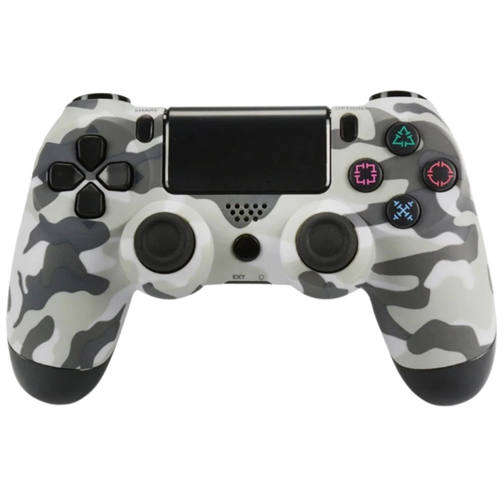 Mando PS4 con diseño camuflaje gris, touchpad central, sticks analógicos simétricos, botones iluminados y agarres negros antideslizantes